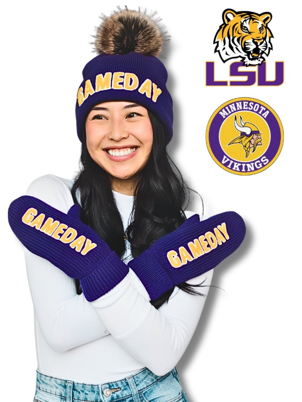 Purple and Gold Gameday LSU Minnesota Vikings Pro College Football Mittens Hat